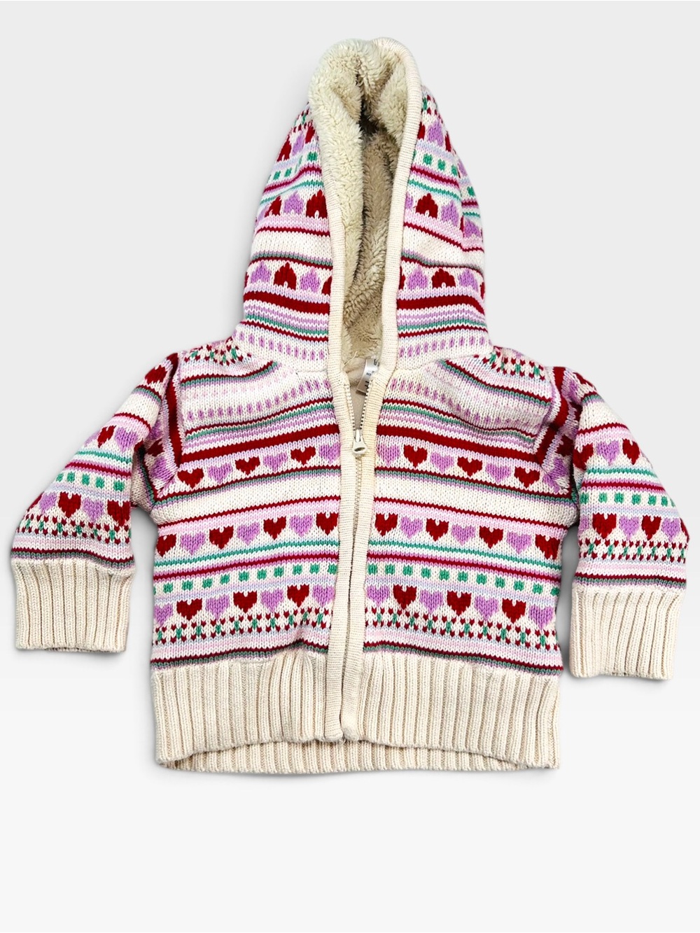 Baby Gap Heart Fair Isle Knit Sherpa Lined Hooded Sweater Jacket 3-6 Months EUC